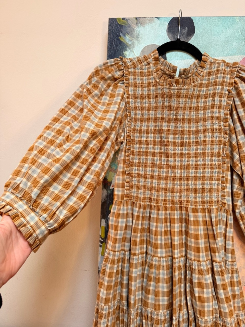 Doen Medina Dress - Gingham tan light blue tiered smocked ruffled size small - Picture 4 of 12